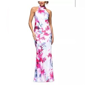 Floral Satin Halter Gown
